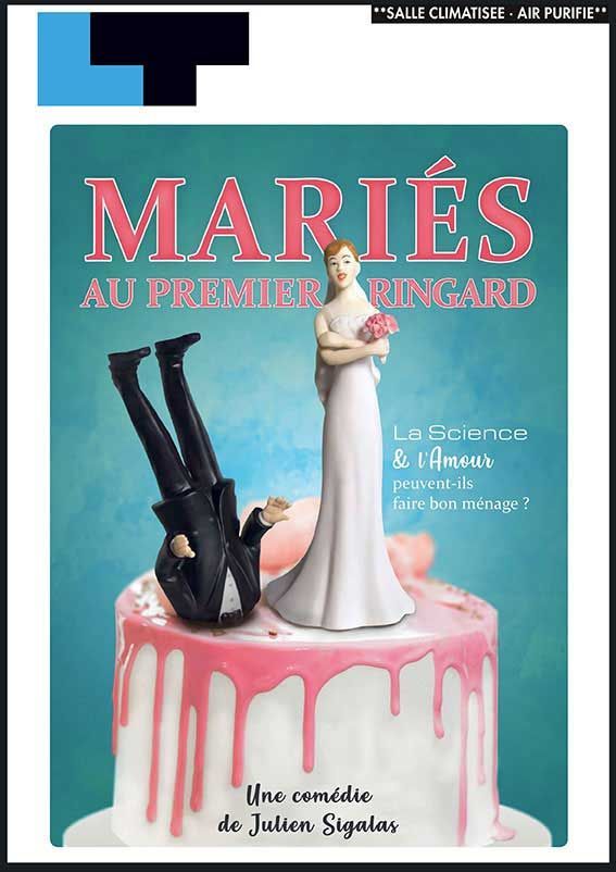 Une affiche du film Maries au premier Ringard avec une figurine de mariés sur un gâteau.