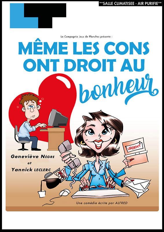 Un dessin animé d'un homme et d'une femme assis à un bureau avec un cœur en arrière-plan.