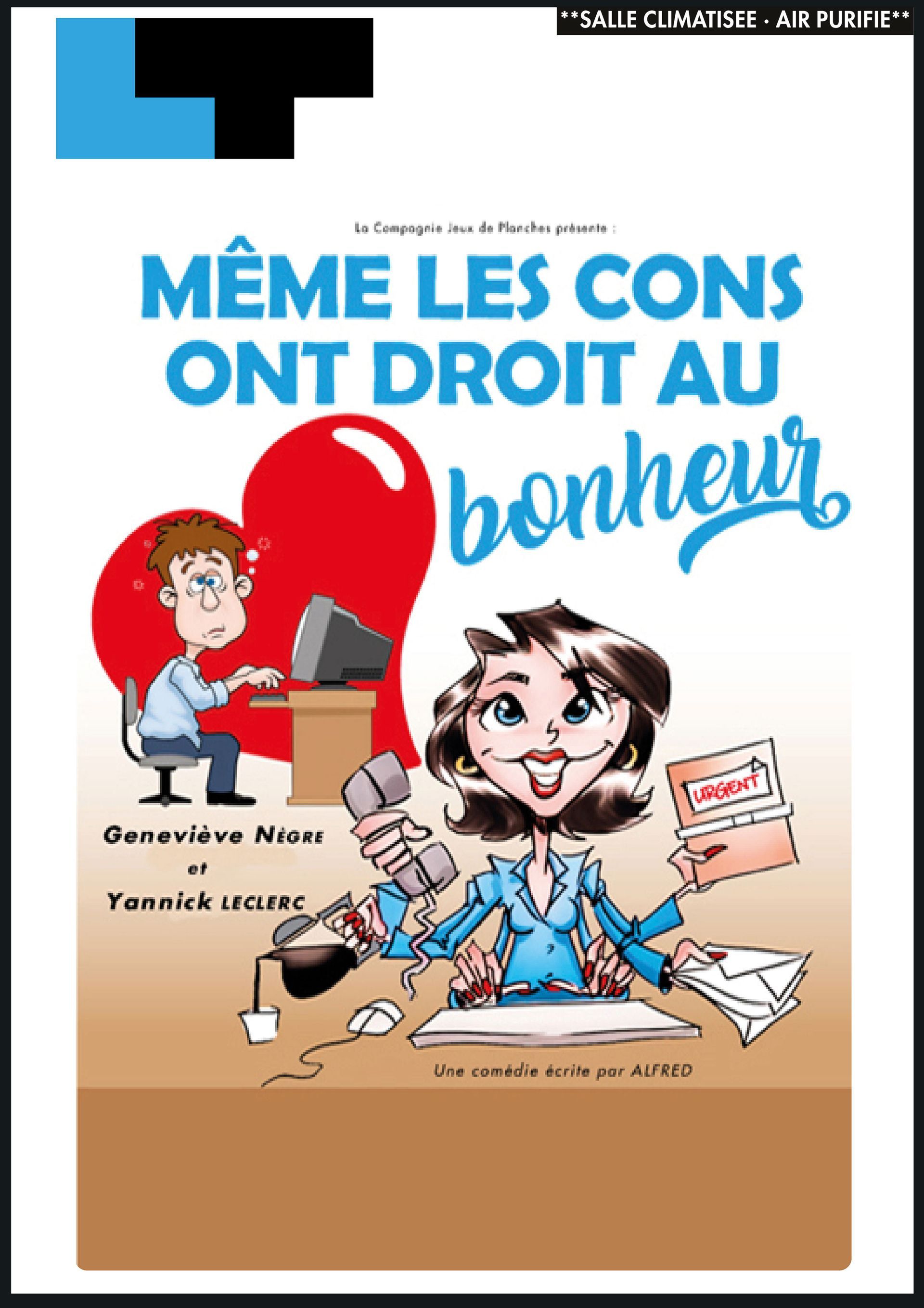 Boekcover: Humoristische tekening van een persoon achter een computer en een vrouw aan de telefoon, titel: "Zelfs dwazen hebben recht op geluk."