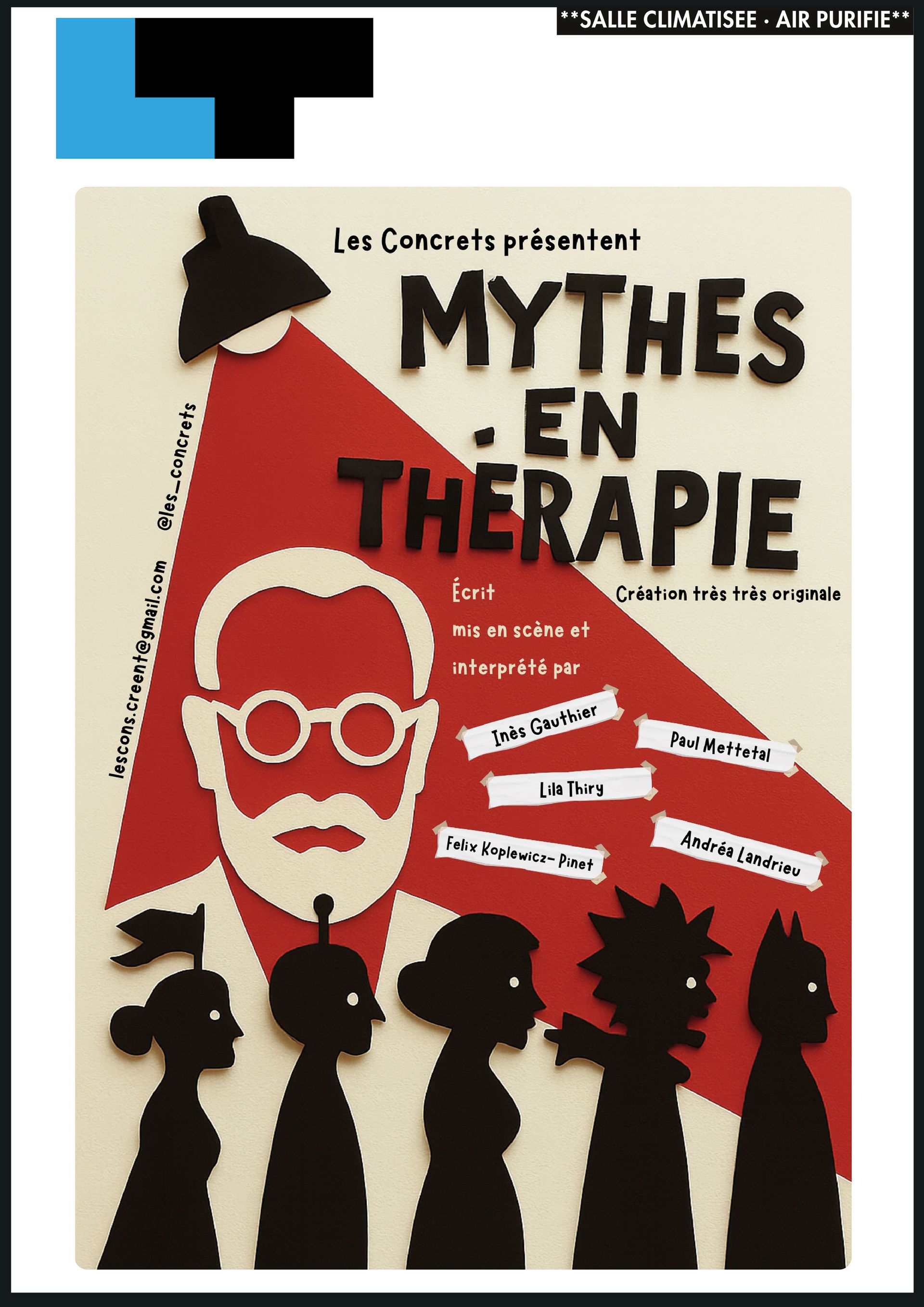 Une affiche de théâtre représente Sigmund Freud illuminé par un projecteur au-dessus des silhouettes de personnages de fiction emblématiques.