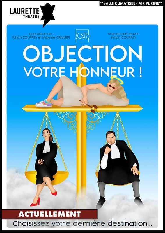 une affiche pour objection votre honneur montre un homme et une femme assis sur une balance