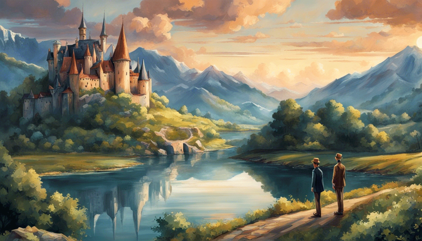 deux hommes se tiennent sur un chemin au bord d'un lac avec un château en arrière-plan.