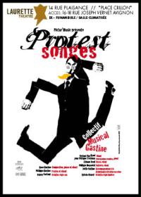 un poster di canti di protesta mostra un uomo in giacca e cravatta che salta in aria.