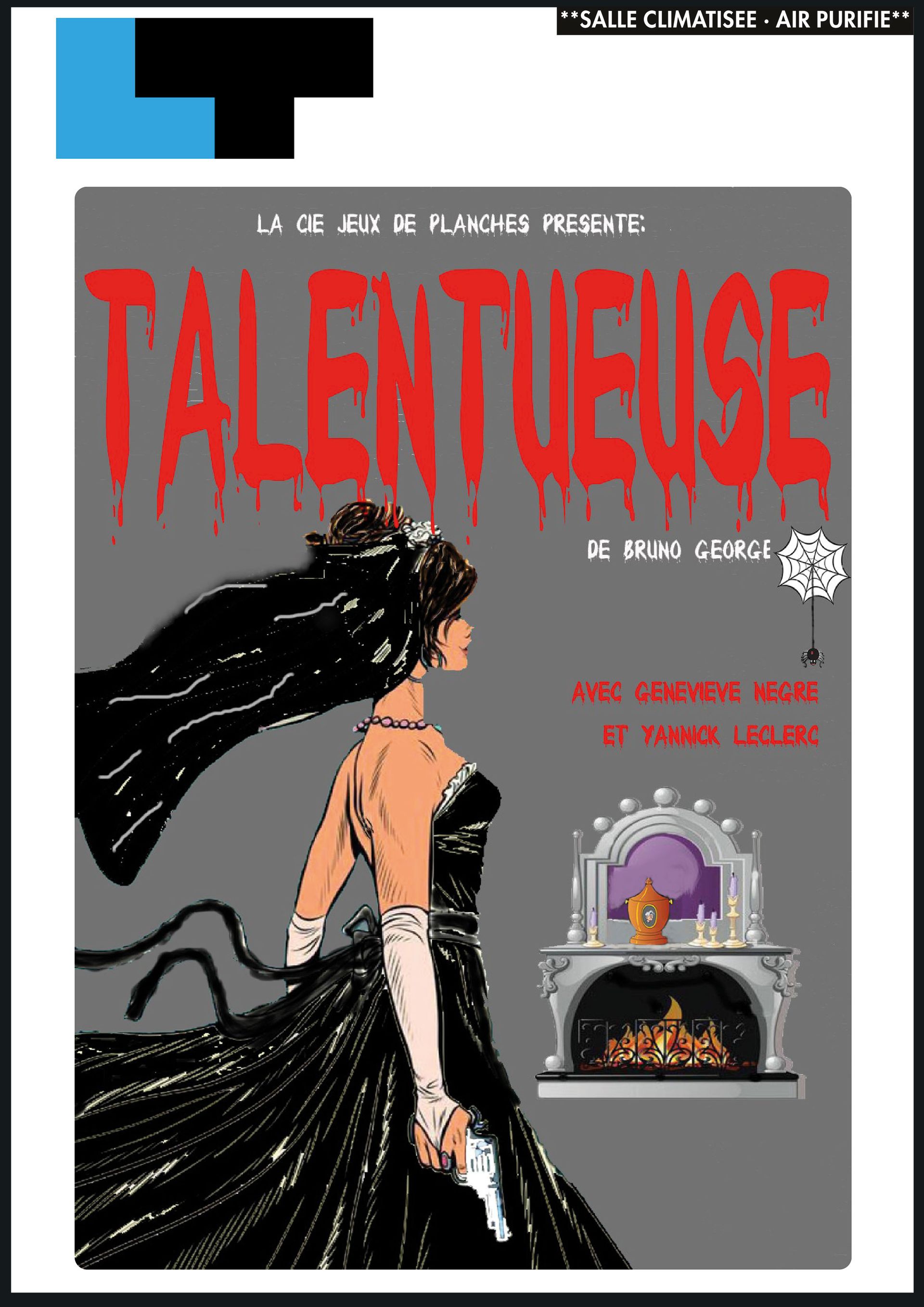 Вокладка шоу: жанчына ў чорнай сукенцы з пісталетам у руцэ, шэры фон, загаловак «ТАЛЕНАВАТАЯ».