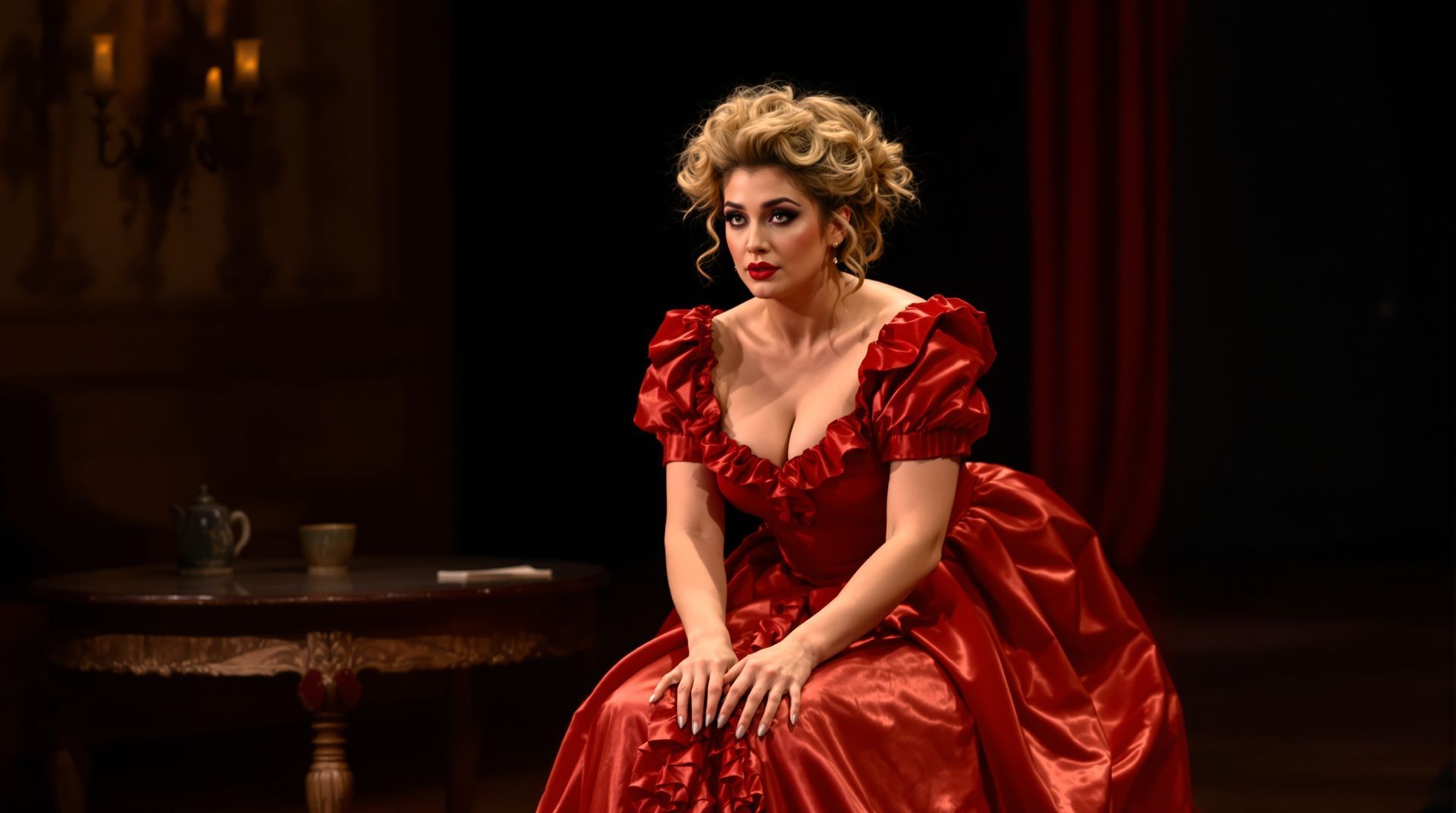 一位身穿红色连衣裙的女子坐着，看着观众；舞台背景为深色。