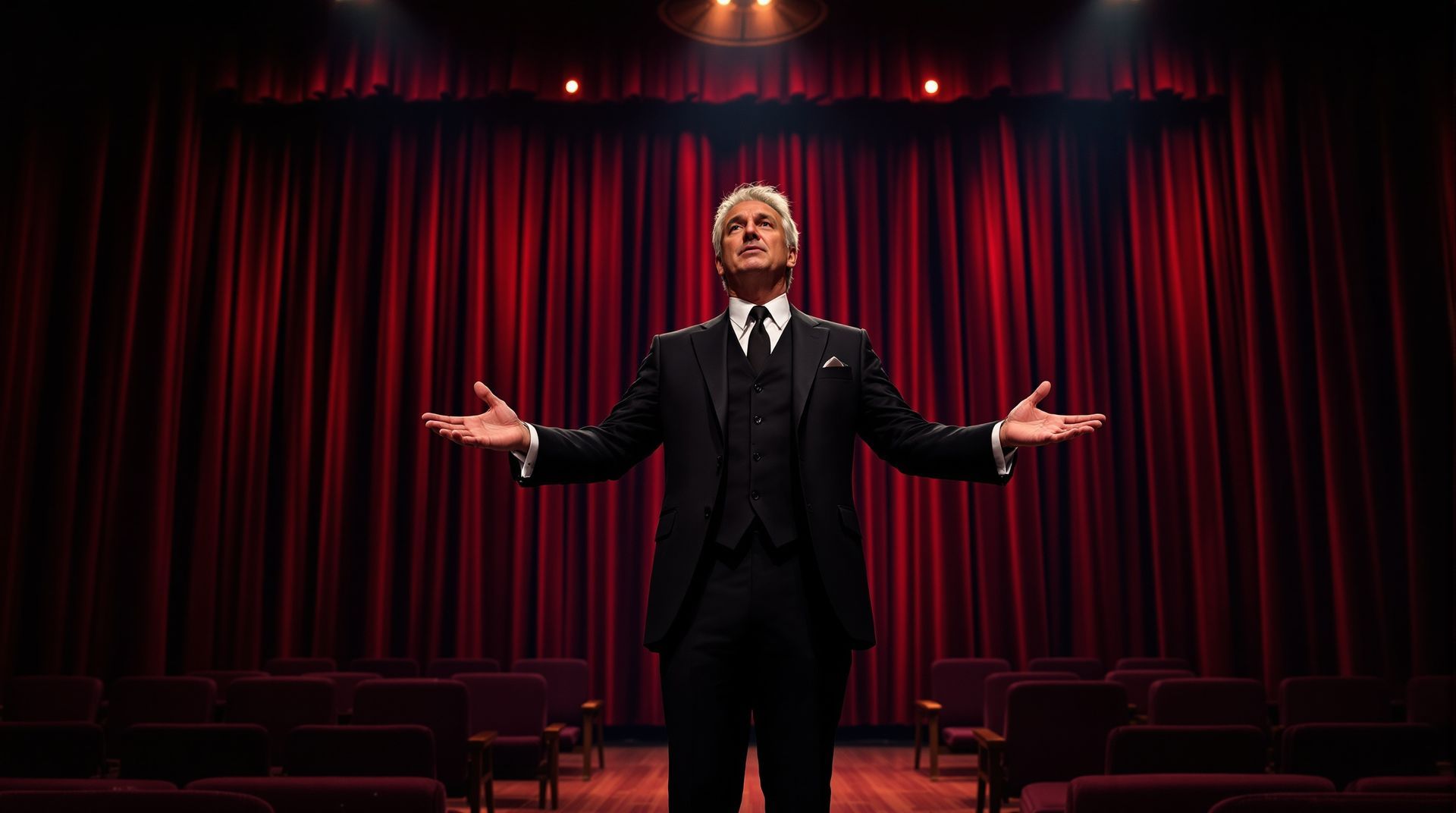 Мужчина в костюме, раскинув руки, стоит на сцене с красным занавесом.