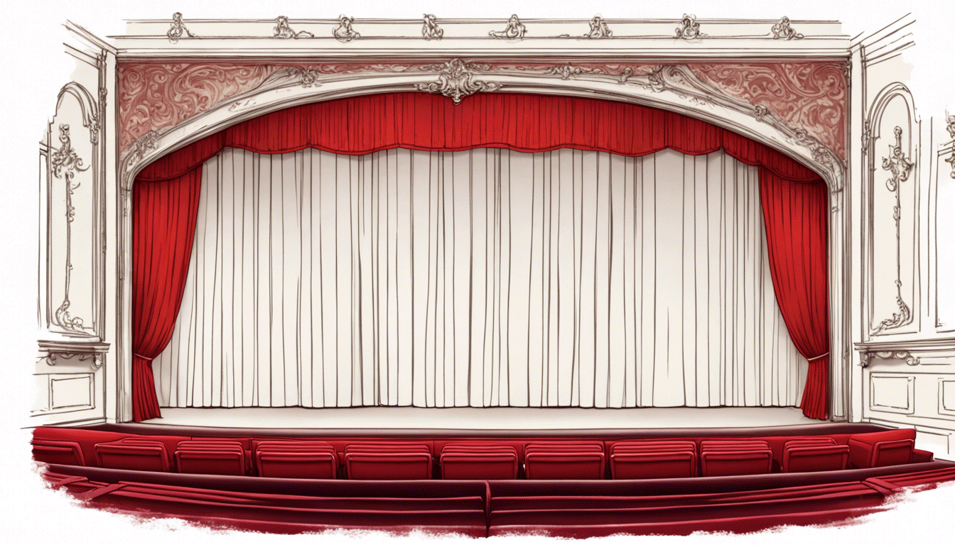 un dessin d'une scène avec des rideaux rouges et des sièges rouges.