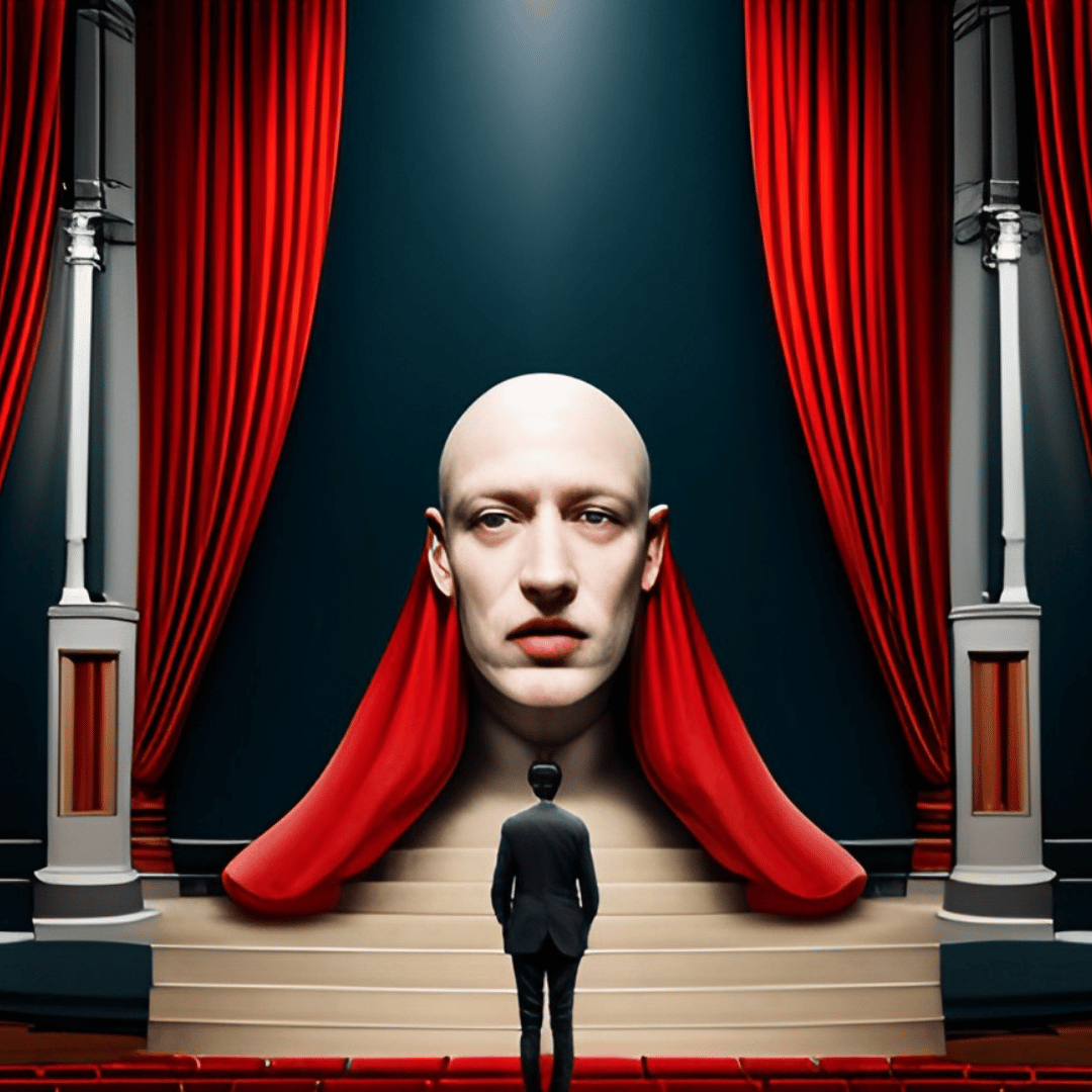 un homme se tient devant une statue d' une tête avec des rideaux rouges