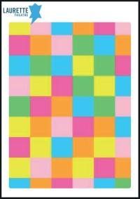 un poster per il teatro delle laurette mostra un colorato motivo a scacchi