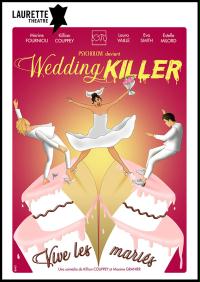 un poster per un&#39;opera teatrale intitolata Wedding Killer con gli sposi su una torta.