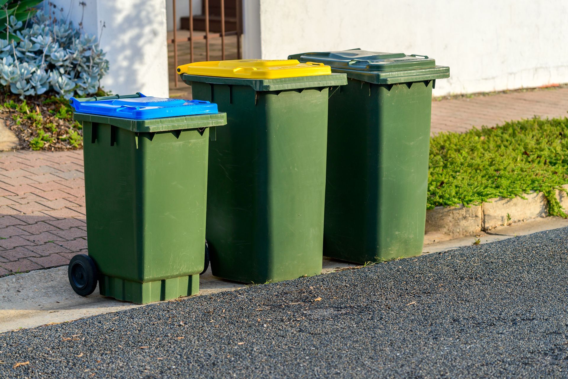 Three green outdoor wheelie bins with blue, yellow, and green lids lined up on a paved surface.