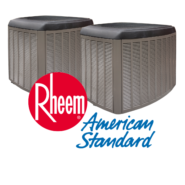 Two Rheem and American Standard air conditioning units.