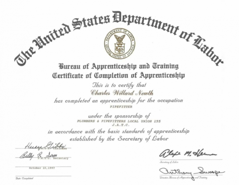 Certificate of completion from the U.S. Department of Labor. It certifies Charles Willard North completed an apprenticeship.