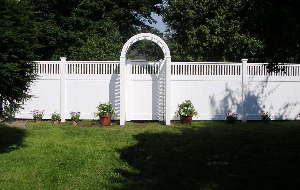 Arbor on White Fence with Gate — Barrington, NH — 125 Maintenance & Fence Inc