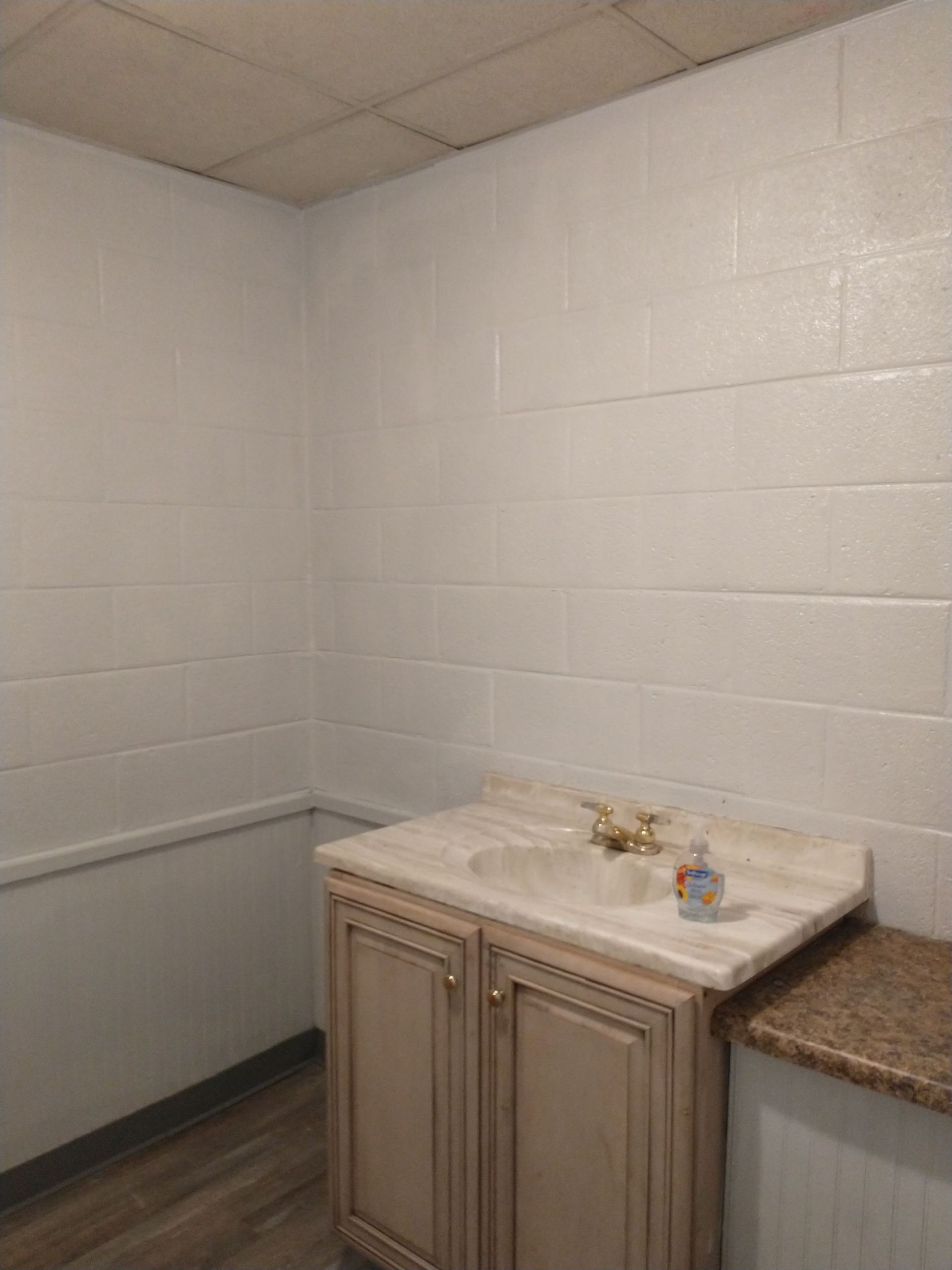 A bathroom with a sink and cabinets in it.