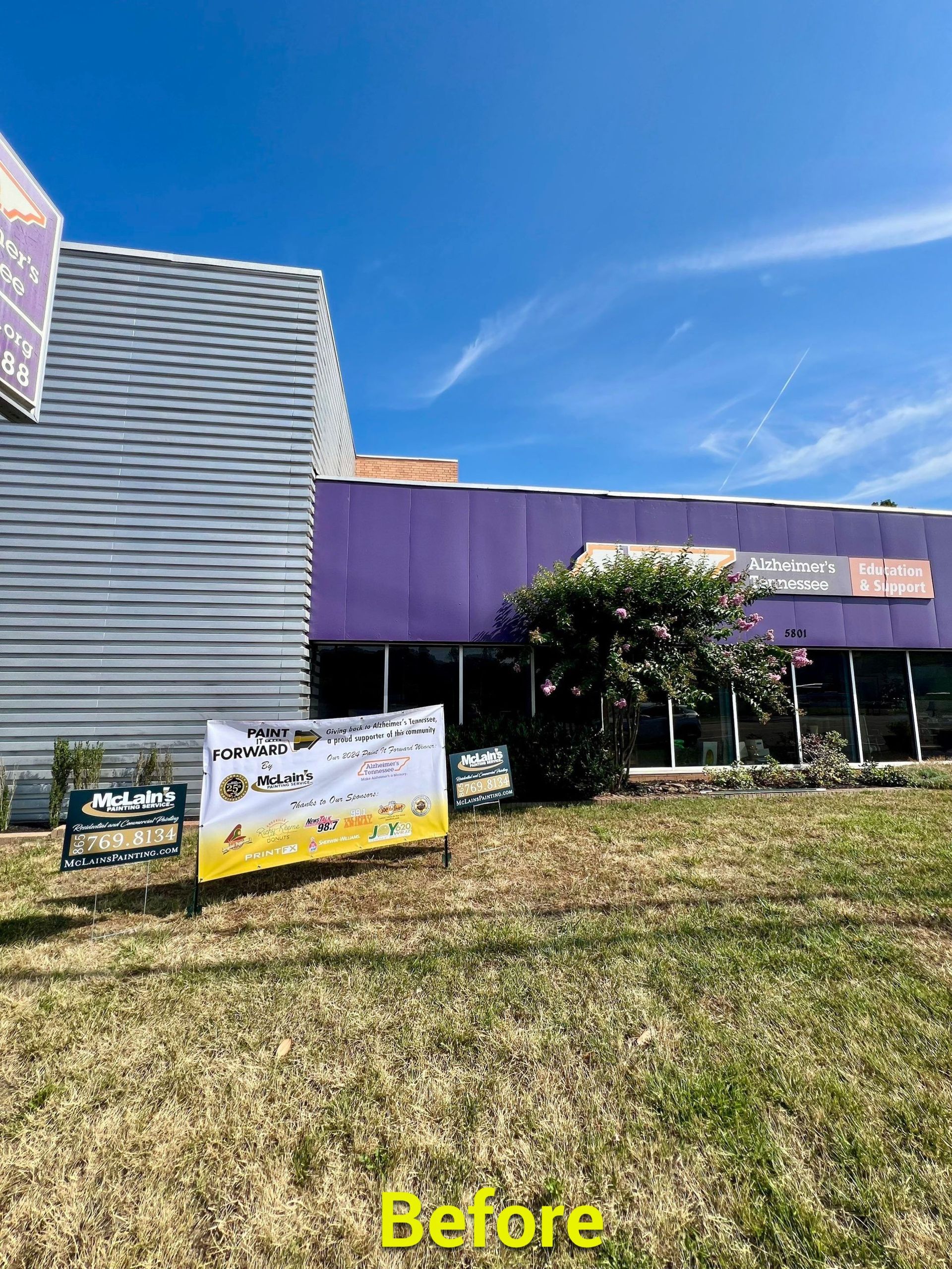 A picture of a building before being painted purple.