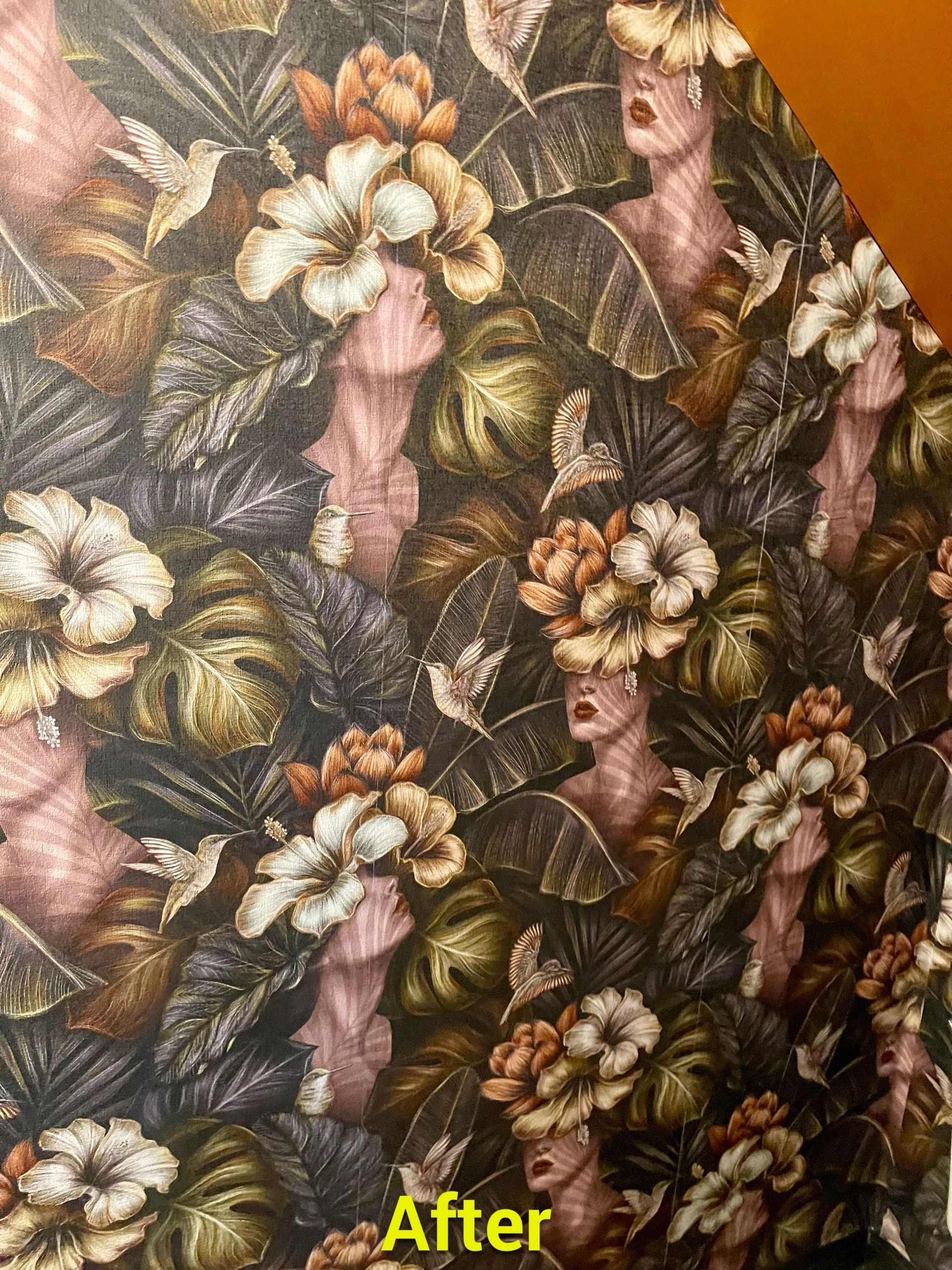 A close up of a painting of a woman with flowers on her head.