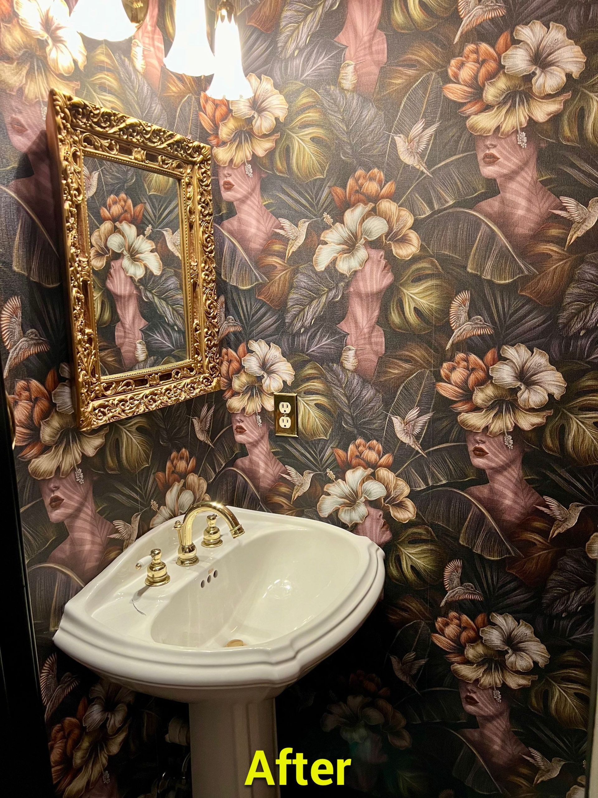 A bathroom with a sink and a mirror and the words after on the bottom