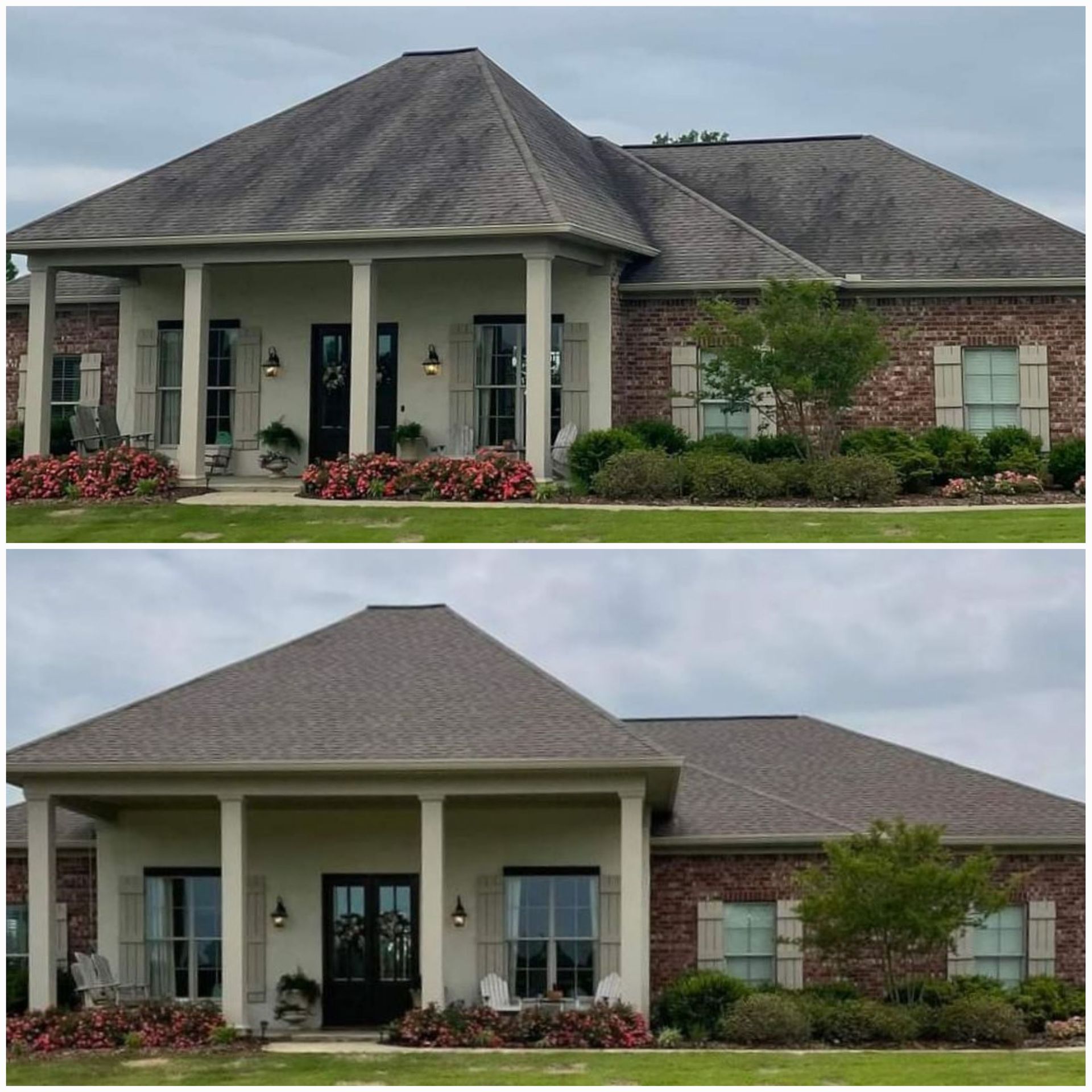 a before and after picture of a house with a roof .