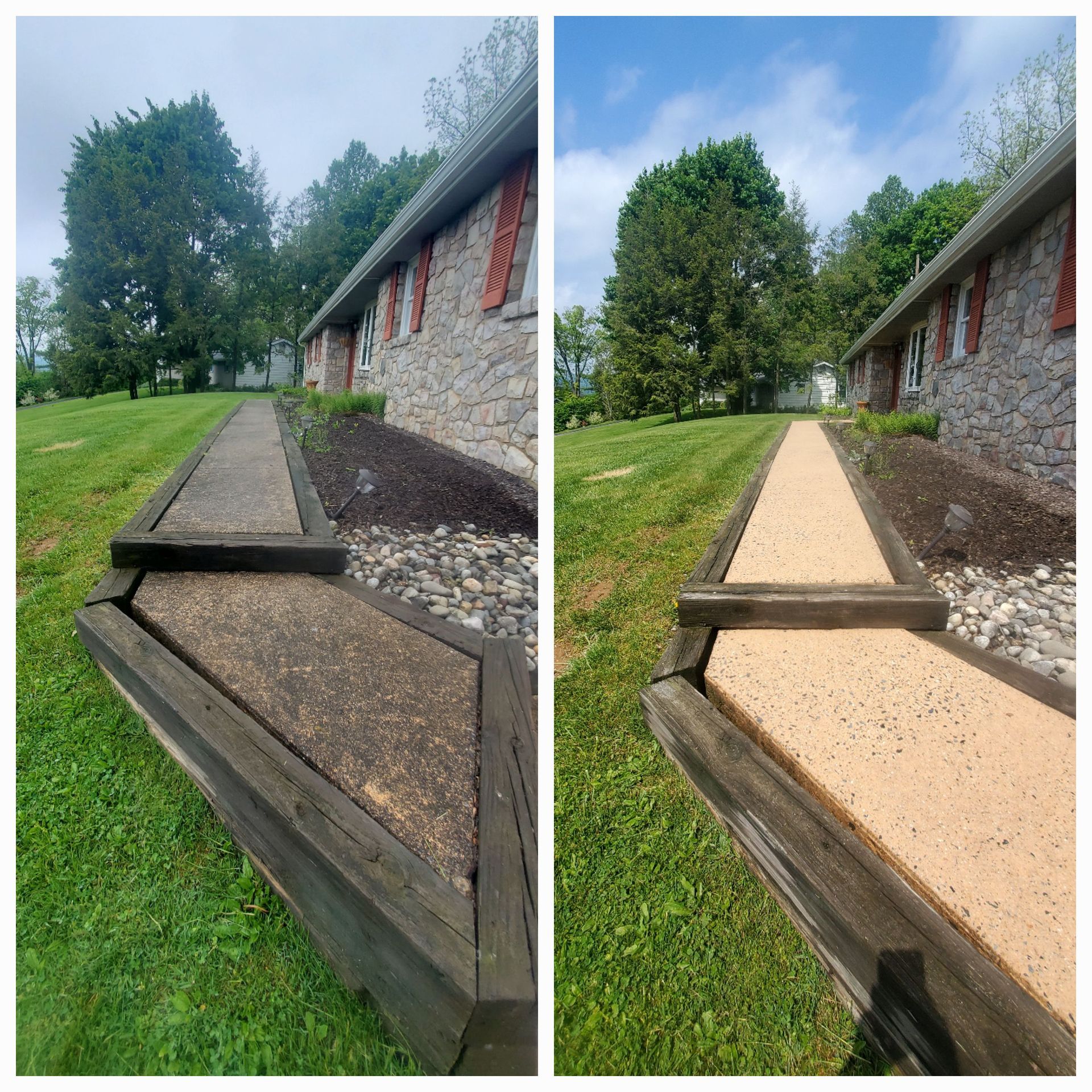 a before and after photo of a sidewalk in front of a house .