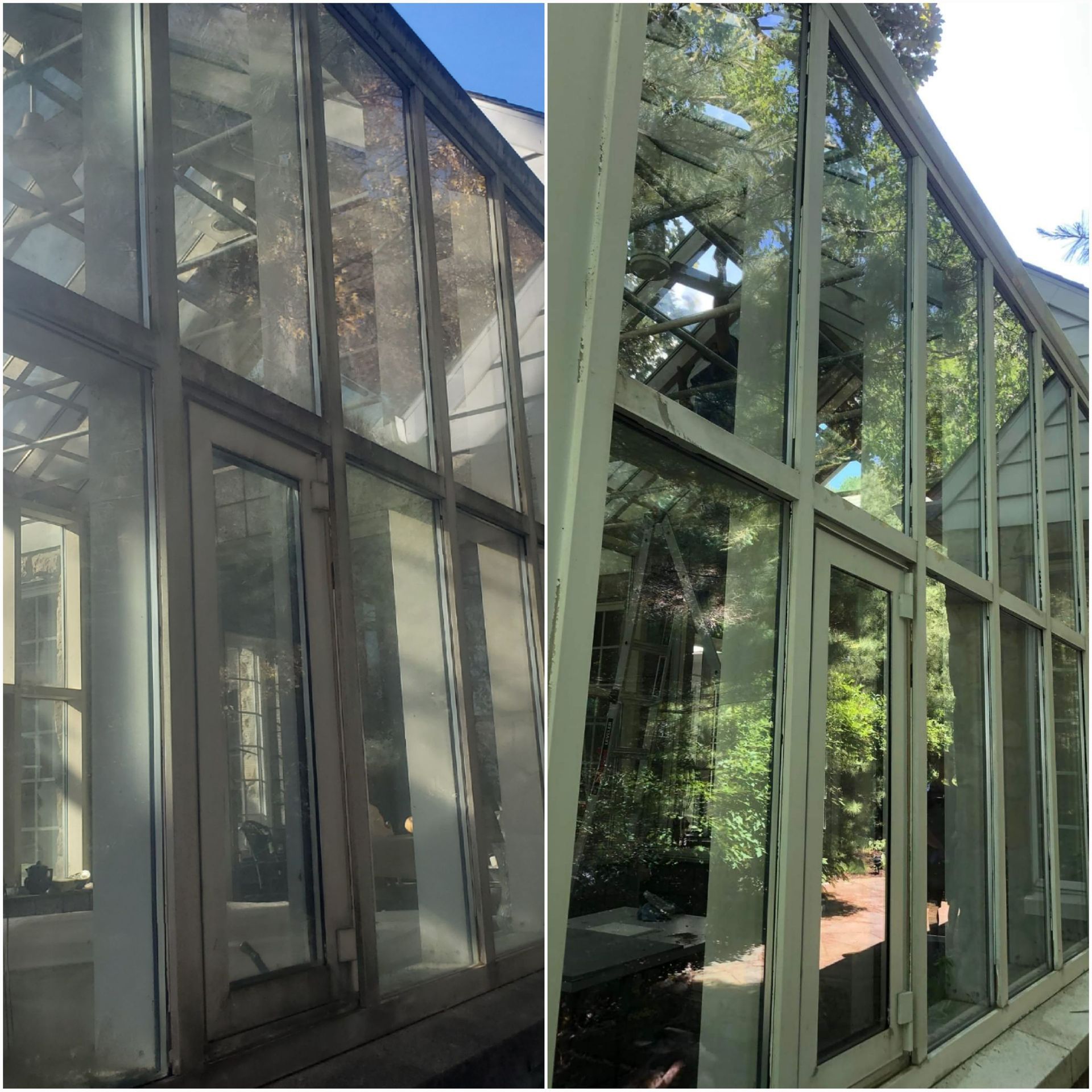 a before and after photo of a building with lots of windows