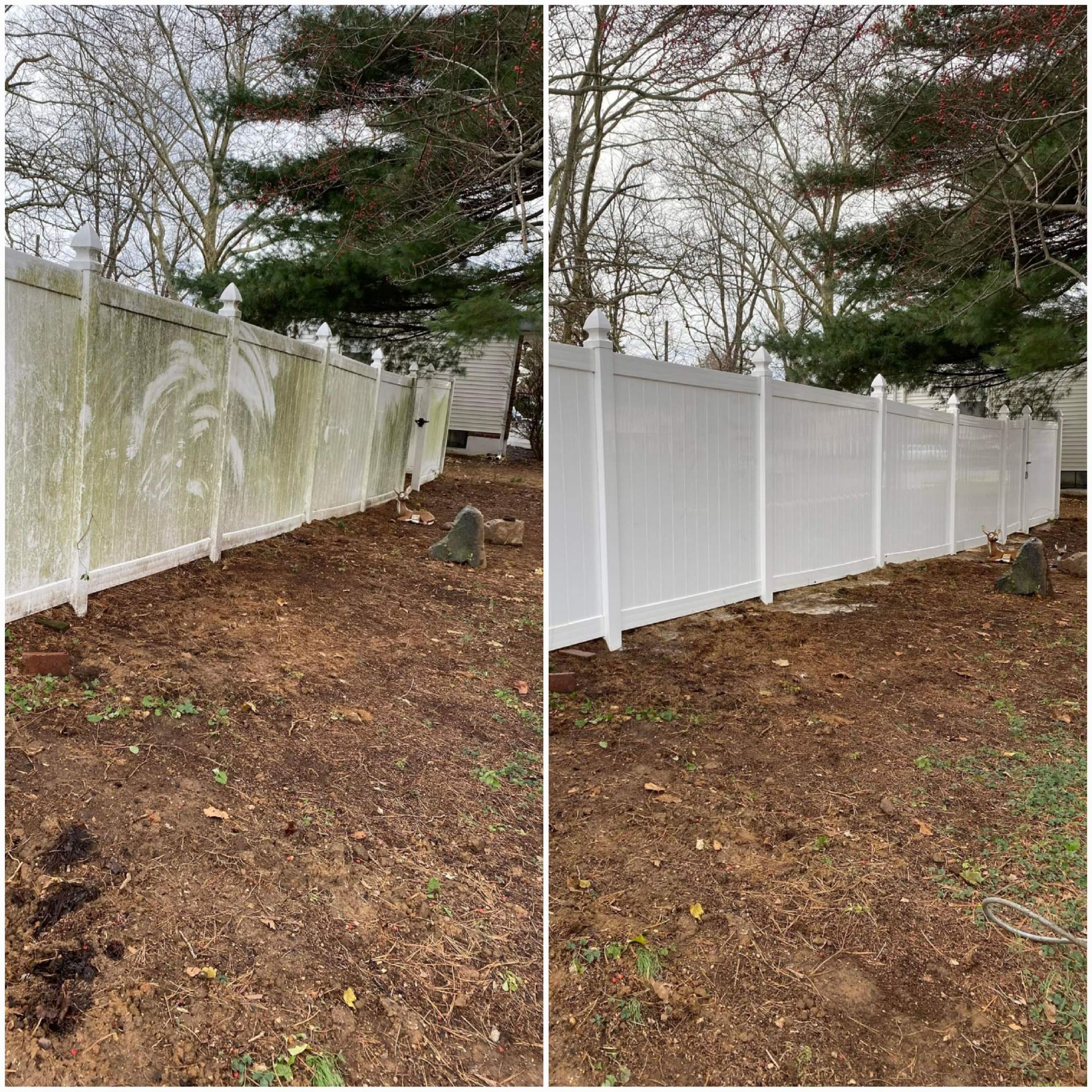 a before and after photo of a white vinyl fence .