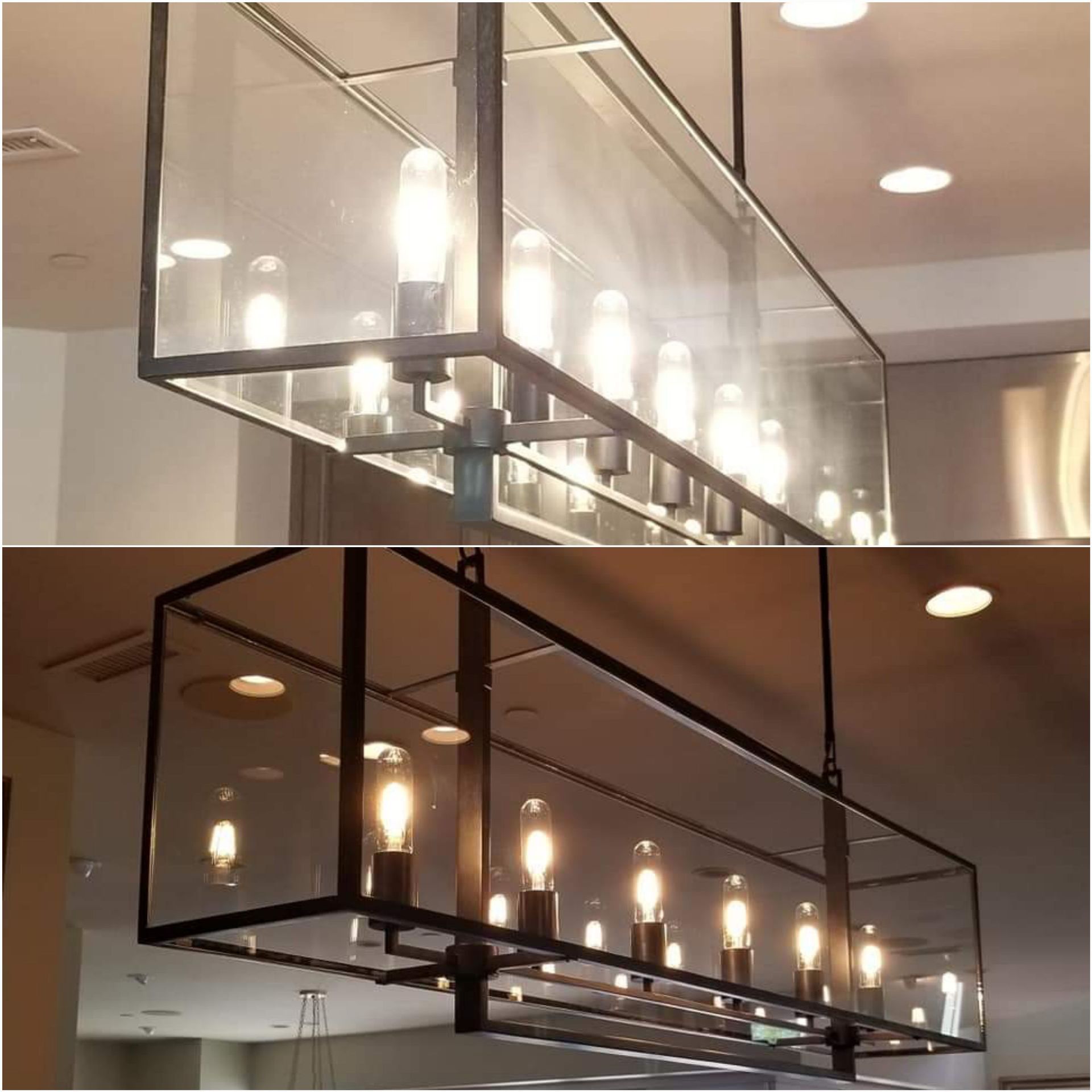 two pictures of a light fixture hanging from the ceiling