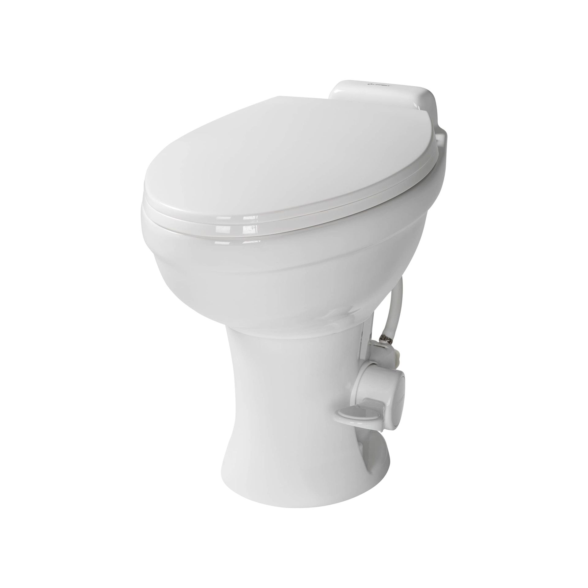 A white toilet with a lid on a white background.