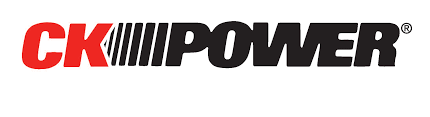 A red and black logo for ck power on a white background