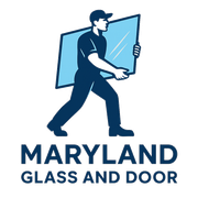 A worker in blue carrying a pane of glass; "Maryland Glass and Door" text below.