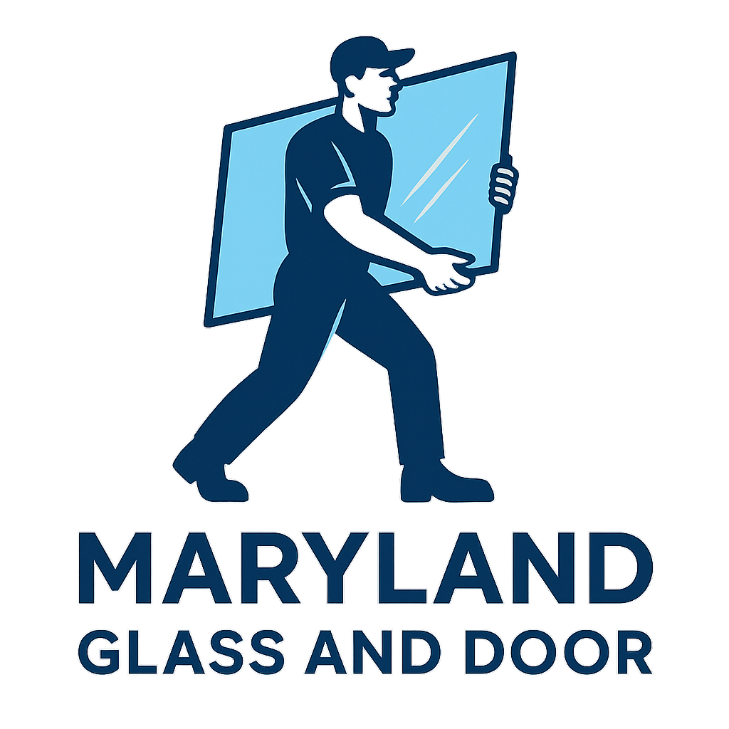 A worker in blue carrying a pane of glass; "Maryland Glass and Door" text below.