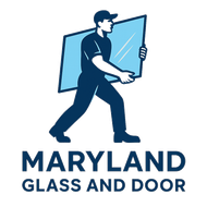 A worker in blue carrying a pane of glass; "Maryland Glass and Door" text below.