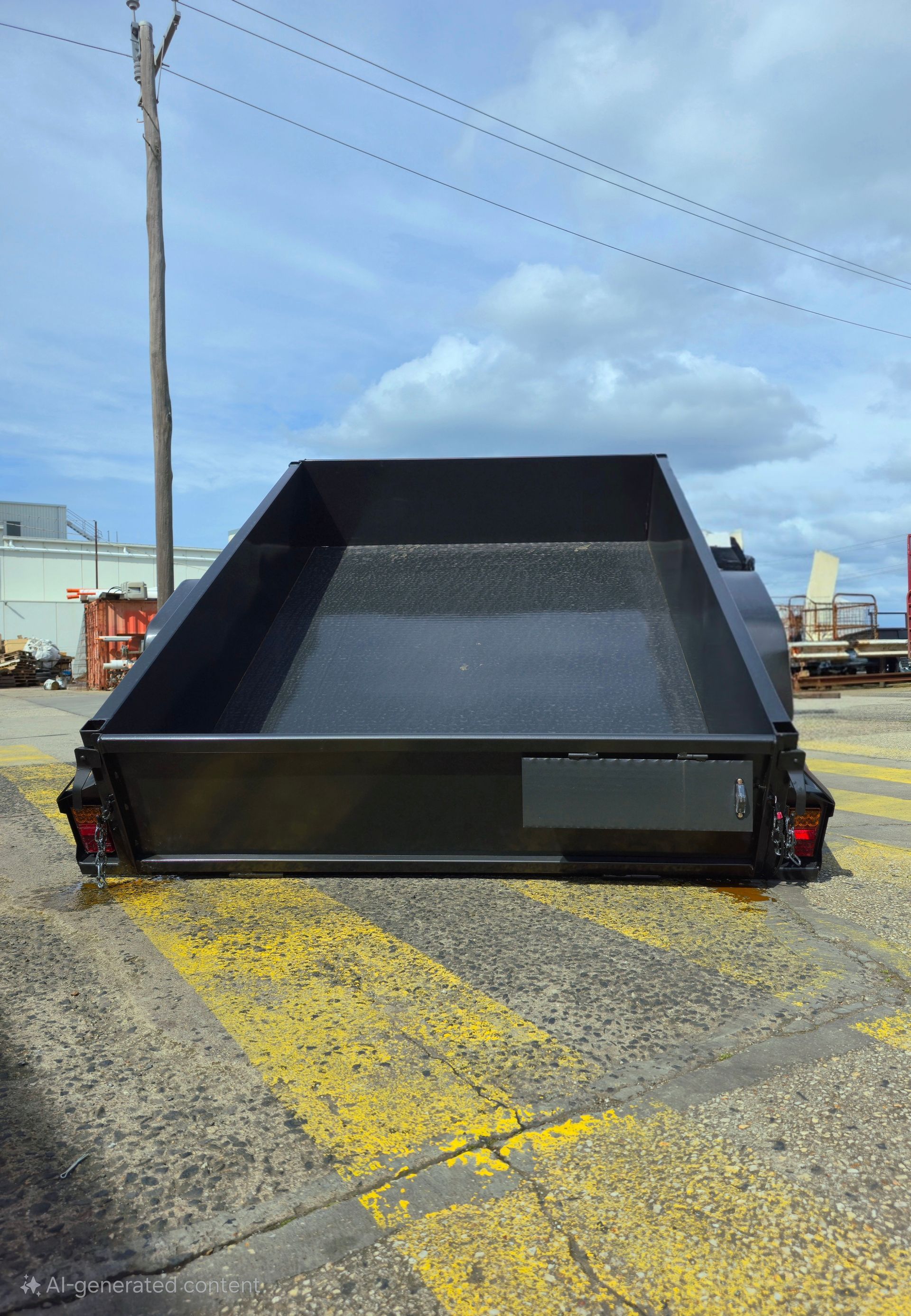 Black dump trailer on a yellow-striped concrete surface with a blue sky background.