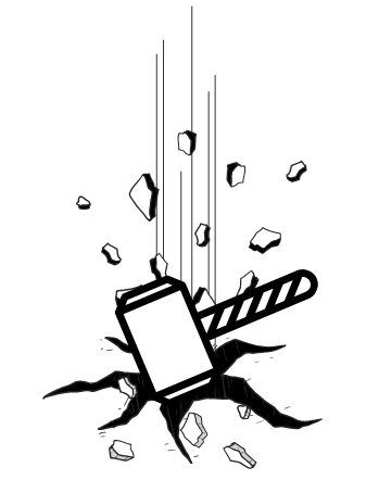 A black and white drawing of a cell phone being smashed by a hammer.