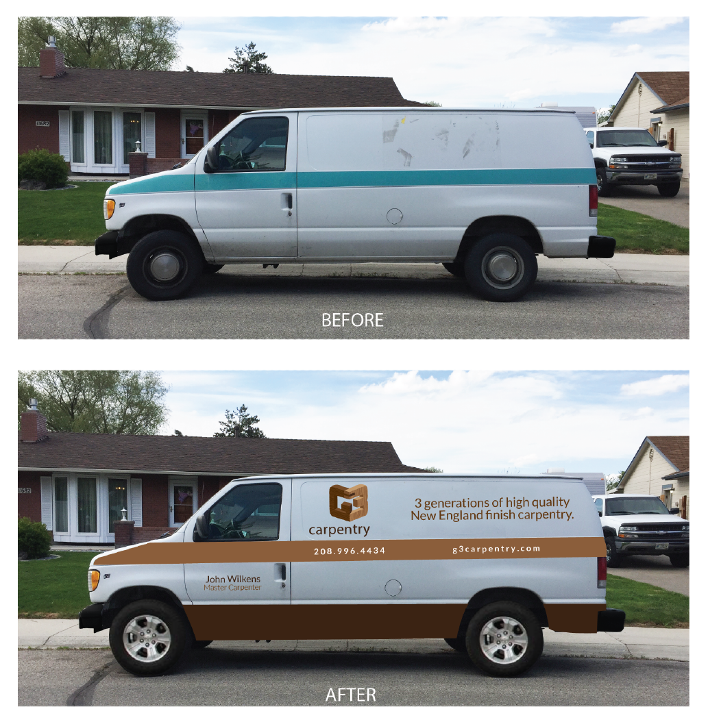 A before and after picture of a white van
