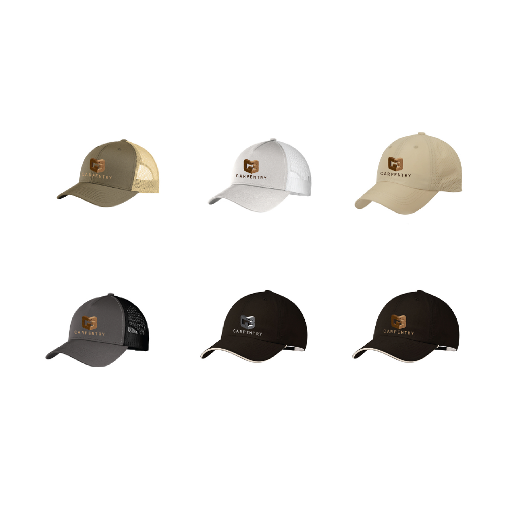 A variety of hats are displayed on a white background