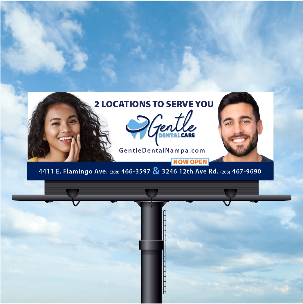 A billboard for gentle dental care shows a man and a woman