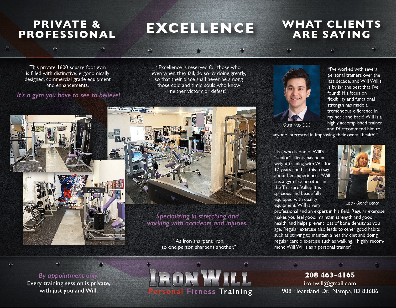 A brochure for iron will personal fitness training