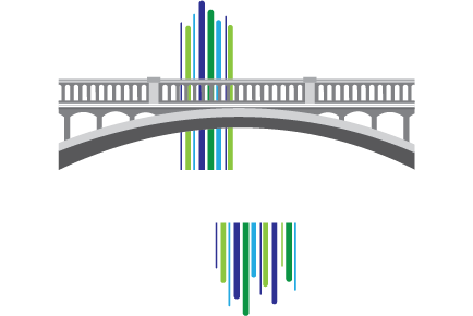 A bridge with a barcode next to it on a white background.