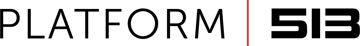 A black and white logo for a company called platform 513