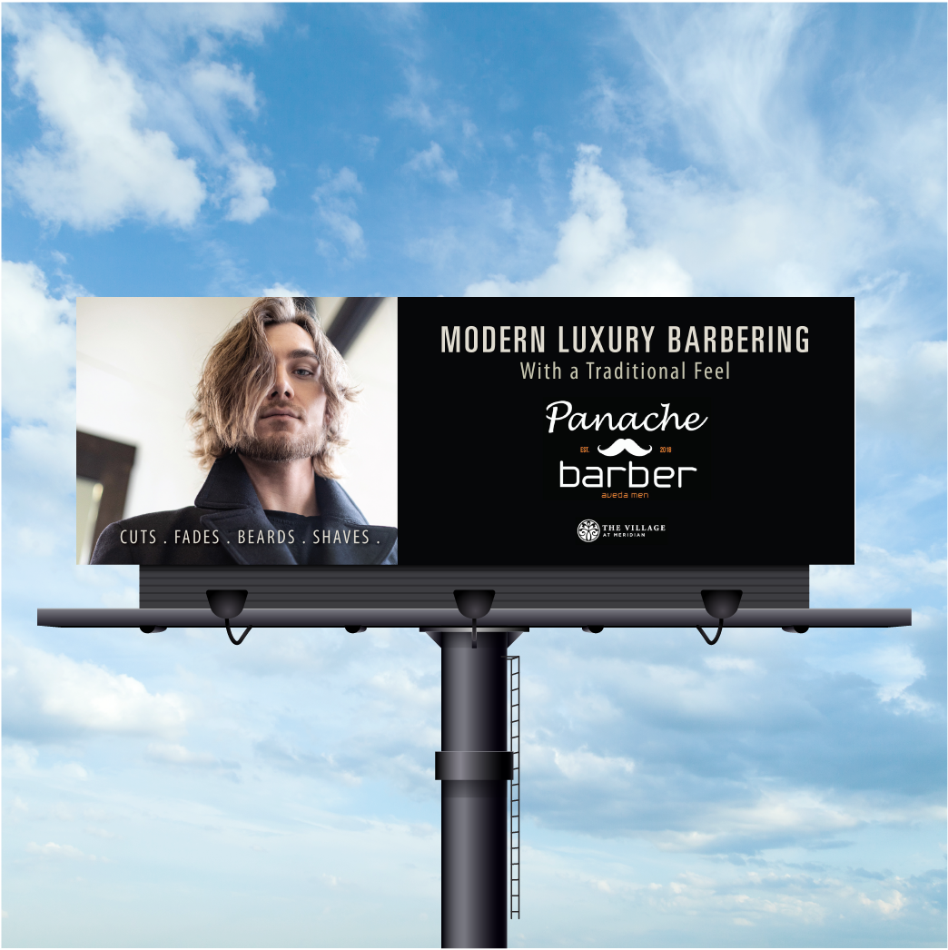 A billboard for modern luxury barbering with a picture of a man