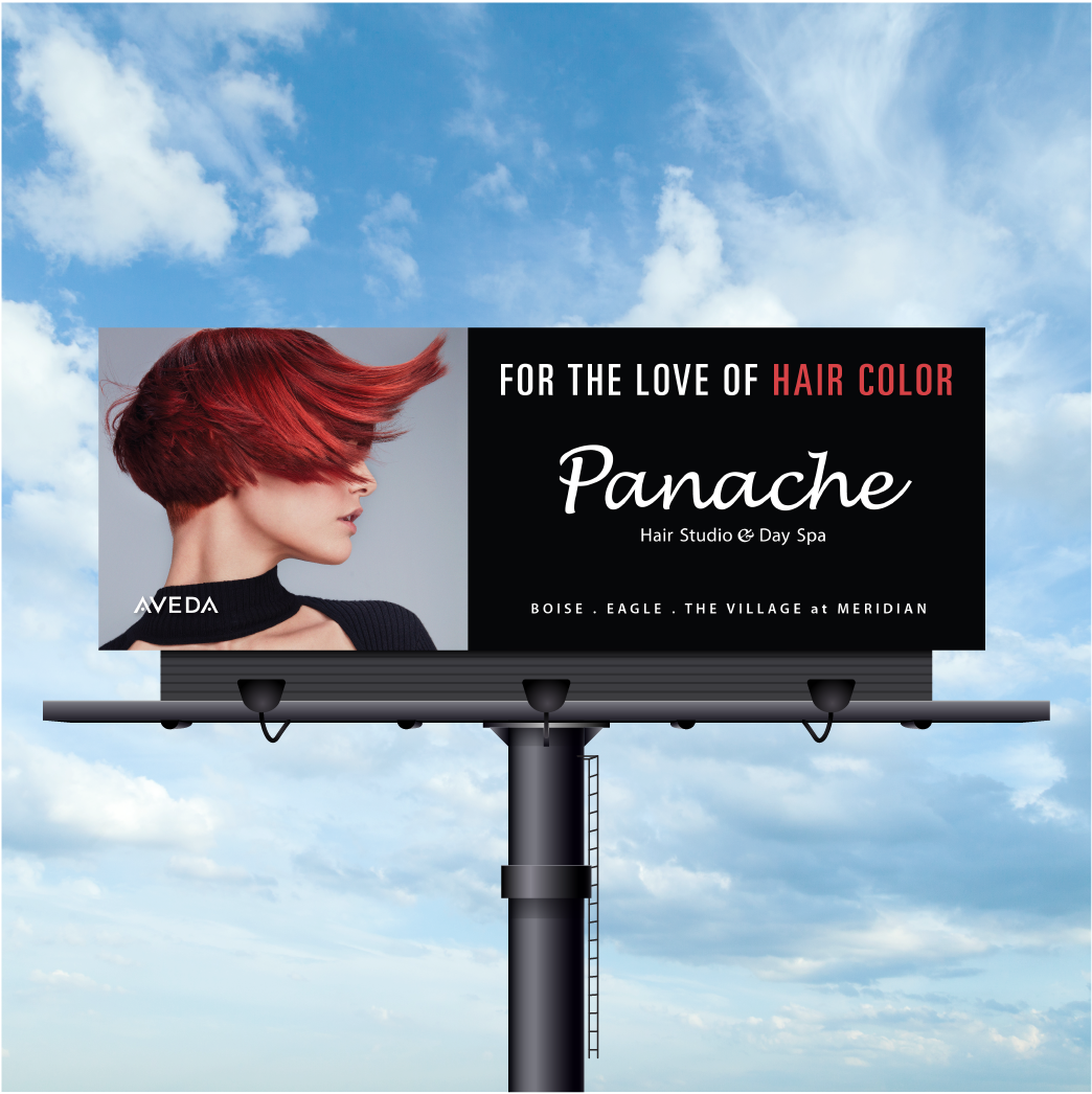A billboard for panache hair color shows a woman with red hair