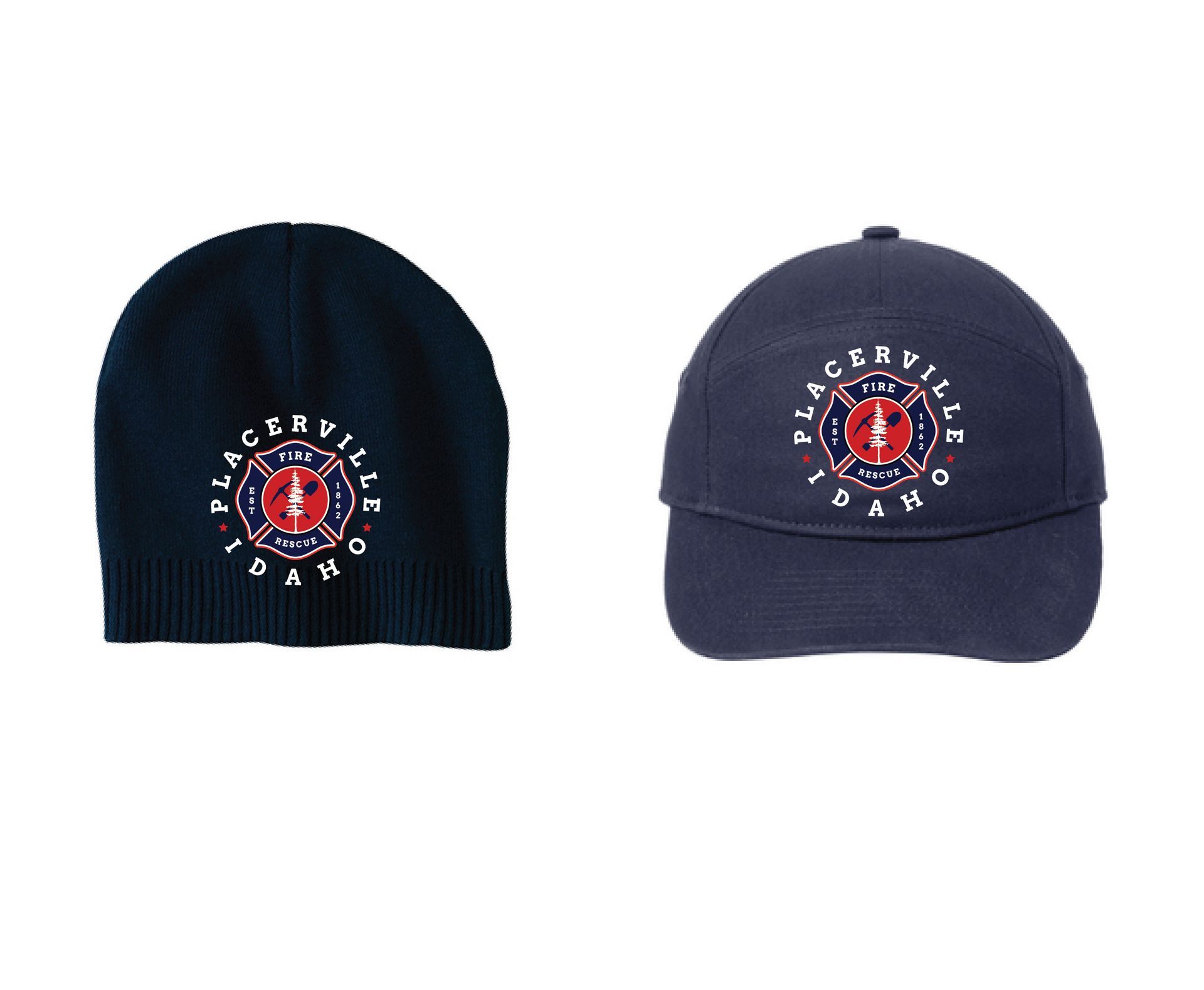 A beanie and a baseball cap with a fire department logo on them