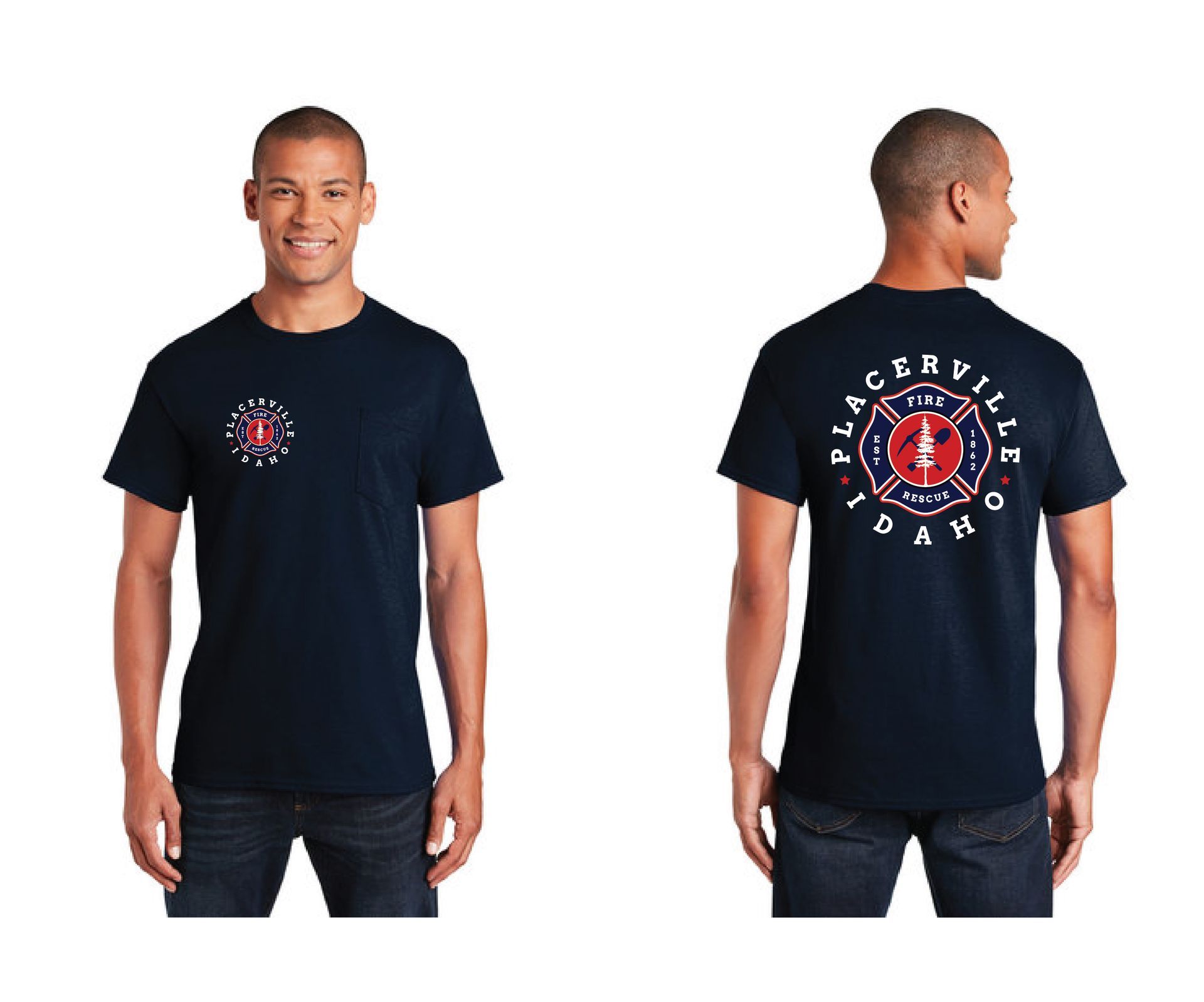 A man is wearing a black t-shirt with a fire department logo on it.