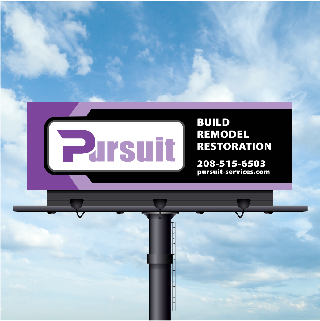 A purple and black billboard for pursuit build remodel restoration