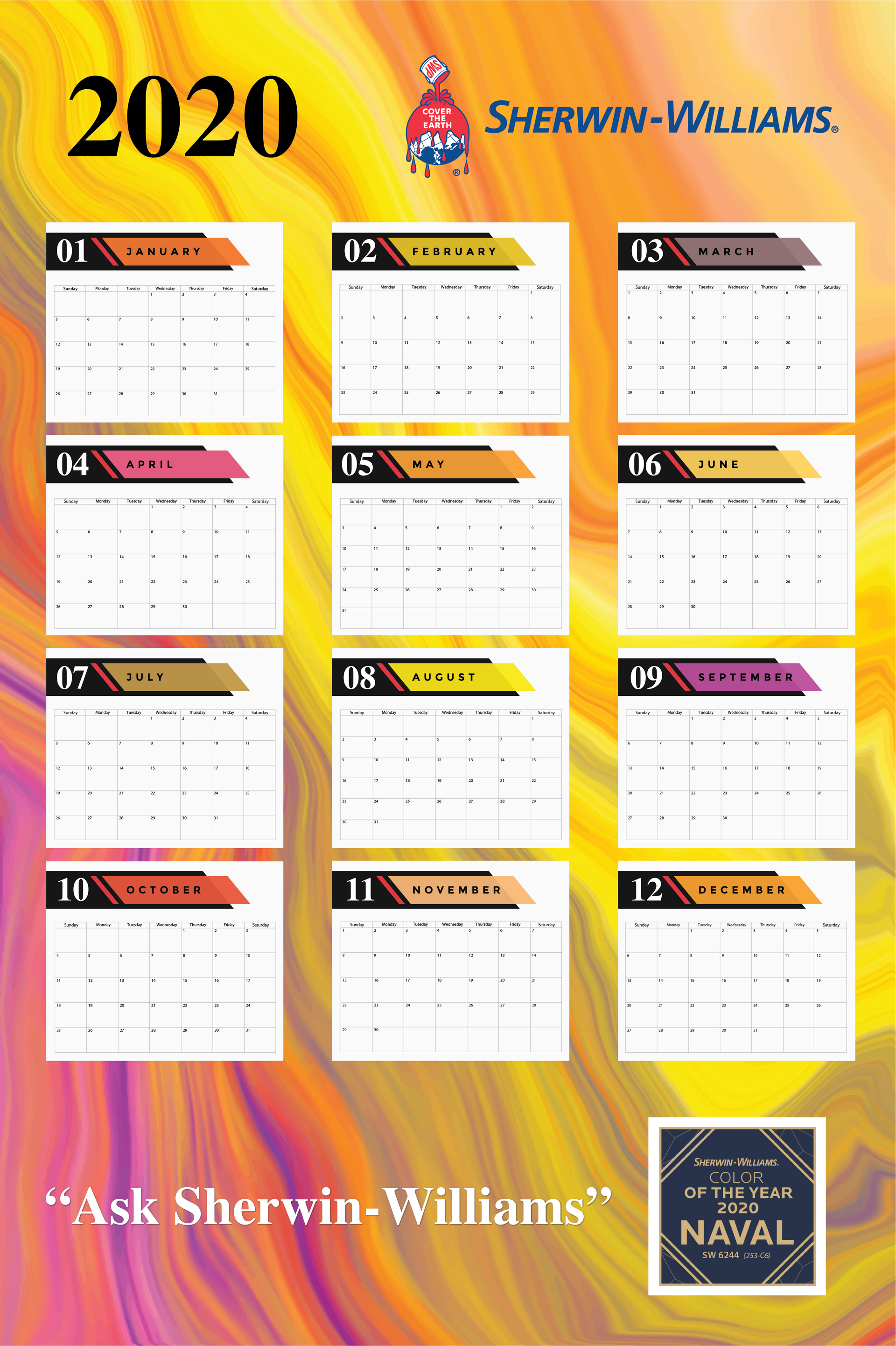 A calendar for the year 2020 with a colorful background.