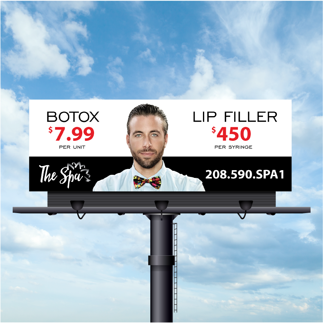 A billboard advertises botox and lip filler at the spa