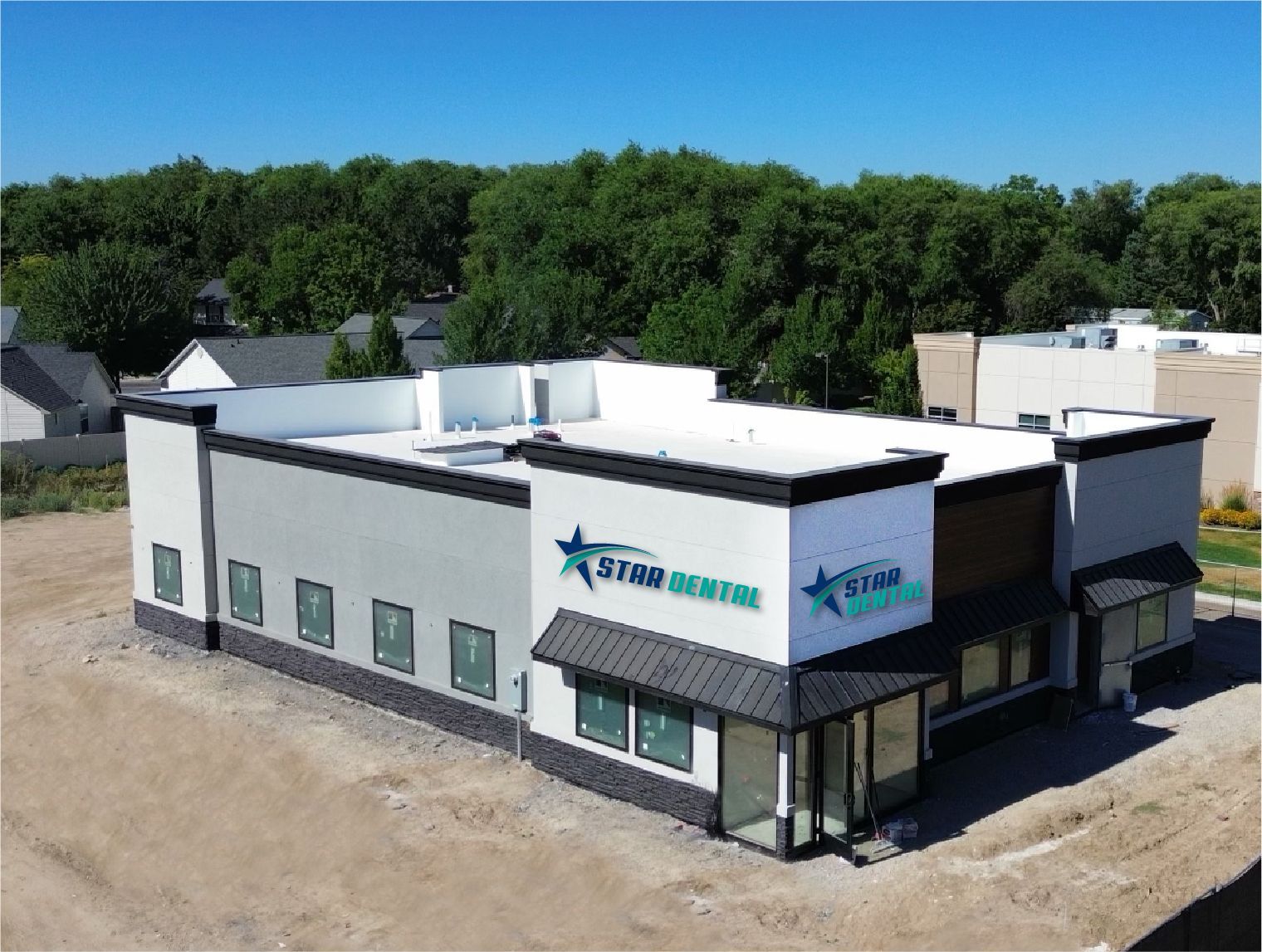 An aerial view of a building with a star on it