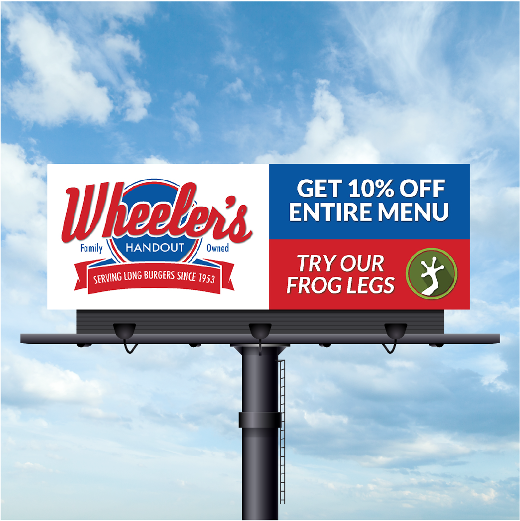 A billboard for wheeler 's handout that says get 10 % off entire menu