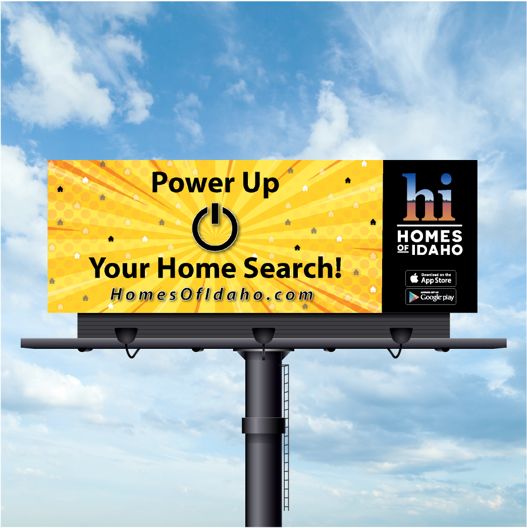 A billboard that says power up your home search
